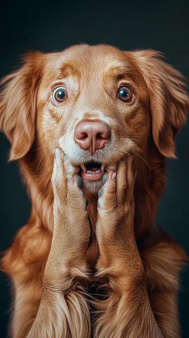 golden retriever ginger colour looking shocked holding cheeks, realistic, plain background midjourney.com  --s 250