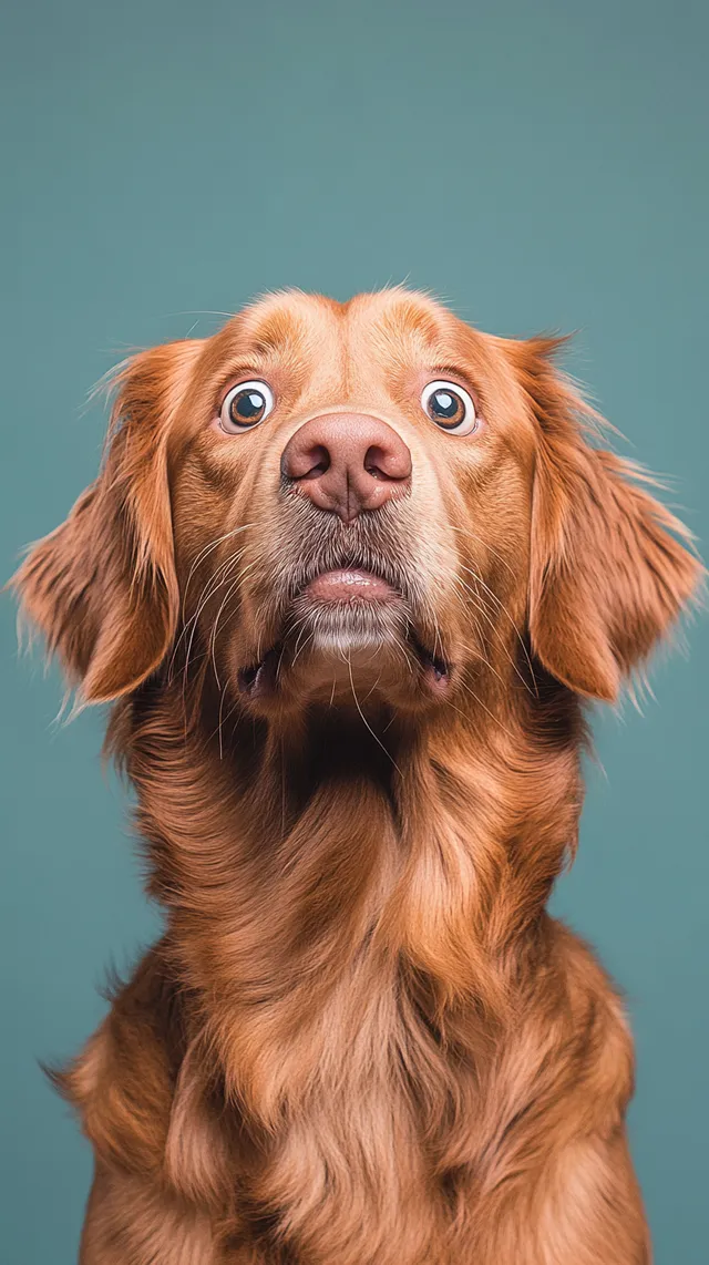 Surprised golden retriever in living room holding cheeks, ginger fur