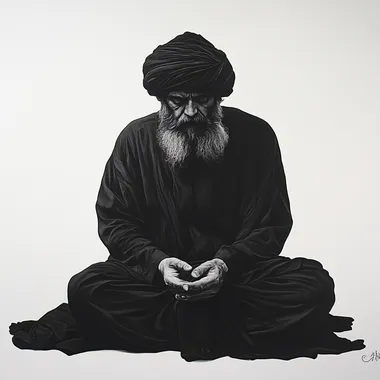 In a real scene of an Ottoman spiritual sheikh sitting on his knees with a white background and the man in black and white, the man's facial features are Arabic