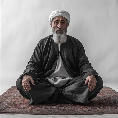 In a real scene of an Ottoman spiritual sheikh sitting on his knees with a white background and the man in black and white, the man's facial features are Arabic