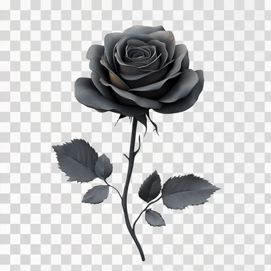 black rose with shadows effect, grey, white background, leaves, realistic rose, shadows, no to dark , with lights and delicate greys shadows