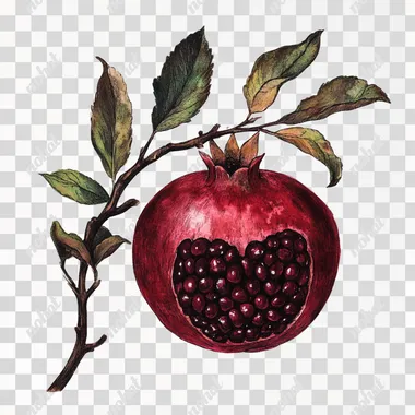 Vintage clipart, pomegranat, gouache illustration, dark red, cottage-core element inspired by Stamperia, muted dark colors, whimsical, subdued hues, mystical, and enchanted aesthetic on a white background