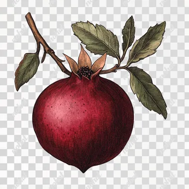 Vintage clipart, pomegranat, gouache illustration, dark red, cottage-core element inspired by Stamperia, muted dark colors, whimsical, subdued hues, mystical, and enchanted aesthetic on a white background