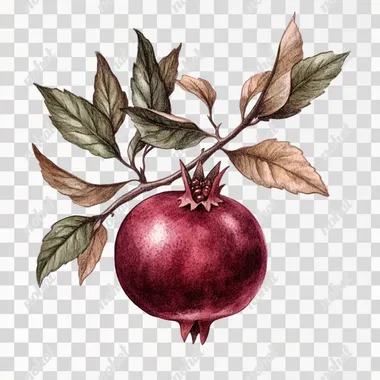 Vintage clipart, pomegranat, gouache illustration, dark red, cottage-core element inspired by Stamperia, muted dark colors, whimsical, subdued hues, mystical, and enchanted aesthetic on a white background