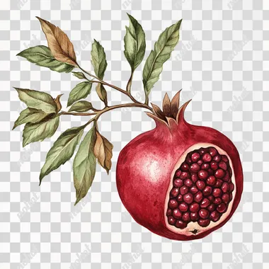 Vintage clipart, pomegranat, gouache illustration, dark red, cottage-core element inspired by Stamperia, muted dark colors, whimsical, subdued hues, mystical, and enchanted aesthetic on a white background