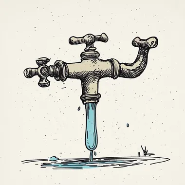 A vintage-style, hand-drawn cartoon illustration in the style of R.K. Laxman. A creatively exaggerated faucet designed in the shape of the letter 'T', with expressive, bold ink lines and humorous detailing. The tap handles extend from the horizontal bar of the 'T', and a small stream of water drips from the vertical stem. The illustration has a slightly wobbly, sketch-like quality, with cross-hatching and watercolor-style shading, evoking a classic newspaper editorial cartoon feel. The background is minimal, with light, humorous elements such as a confused plumber or an amazed character observing the quirky faucet. The color palette is subtle, primarily monochrome with hints of blue for water and metallic reflections.