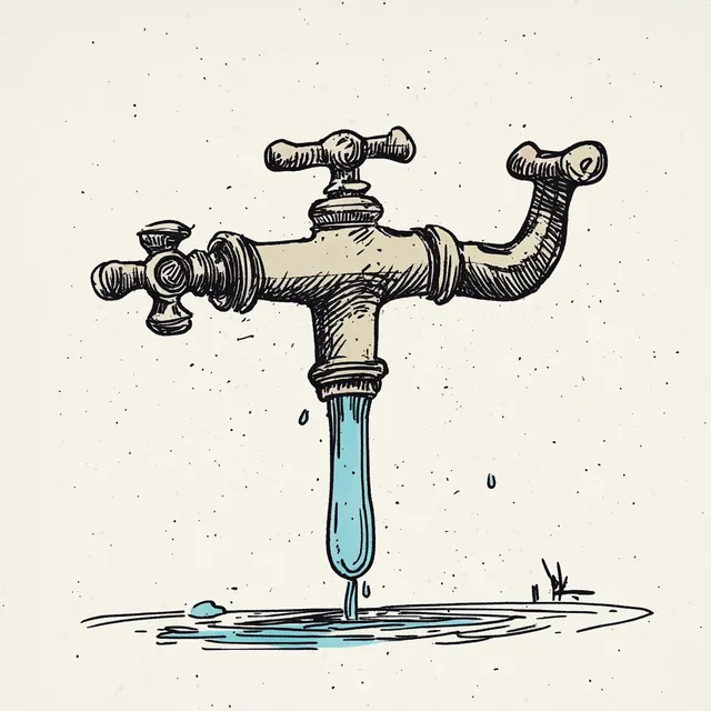 Vintage cartoon faucet illustration with quirky plumber in living area