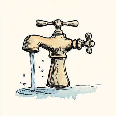 A vintage-style, hand-drawn cartoon illustration in the style of R.K. Laxman. A creatively exaggerated faucet designed in the shape of the letter 'T', with expressive, bold ink lines and humorous detailing. The tap handles extend from the horizontal bar of the 'T', and a small stream of water drips from the vertical stem. The illustration has a slightly wobbly, sketch-like quality, with cross-hatching and watercolor-style shading, evoking a classic newspaper editorial cartoon feel. The background is minimal, with light, humorous elements such as a confused plumber or an amazed character observing the quirky faucet. The color palette is subtle, primarily monochrome with hints of blue for water and metallic reflections.