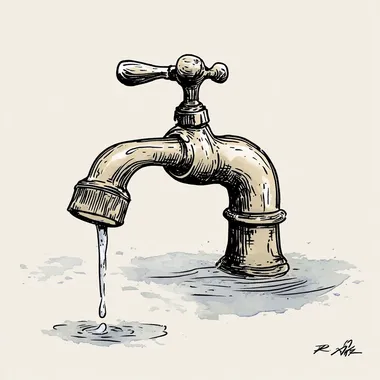 A vintage-style, hand-drawn cartoon illustration in the style of R.K. Laxman. A creatively exaggerated faucet designed in the shape of the letter 'T', with expressive, bold ink lines and humorous detailing. The tap handles extend from the horizontal bar of the 'T', and a small stream of water drips from the vertical stem. The illustration has a slightly wobbly, sketch-like quality, with cross-hatching and watercolor-style shading, evoking a classic newspaper editorial cartoon feel. The background is minimal, with light, humorous elements such as a confused plumber or an amazed character observing the quirky faucet. The color palette is subtle, primarily monochrome with hints of blue for water and metallic reflections.