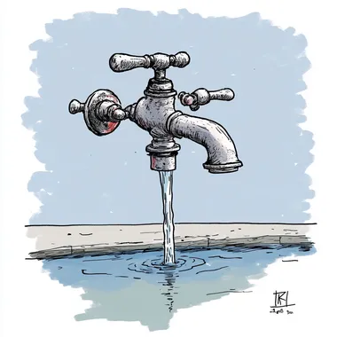 A vintage-style, hand-drawn cartoon illustration in the style of R.K. Laxman. A creatively exaggerated faucet designed in the shape of the letter 'T', with expressive, bold ink lines and humorous detailing. The tap handles extend from the horizontal bar of the 'T', and a small stream of water drips from the vertical stem. The illustration has a slightly wobbly, sketch-like quality, with cross-hatching and watercolor-style shading, evoking a classic newspaper editorial cartoon feel. The background is minimal, with light, humorous elements such as a confused plumber or an amazed character observing the quirky faucet. The color palette is subtle, primarily monochrome with hints of blue for water and metallic reflections.