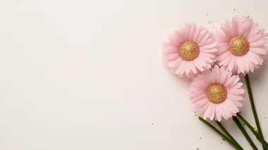 Greeting card design, background a lot of free space for text 3D chamomile soft pink flowers, golden lines, detailed white background   --s 700  nxg3h9q