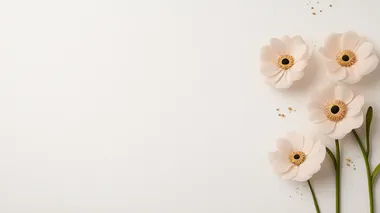 Greeting card design, background a lot of free space for text 3D chamomile soft pink flowers, golden lines, detailed white background   --s 700  nxg3h9q