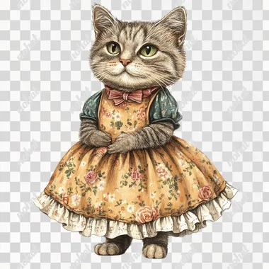 Adult cat in a dress. Illustration for children's book on white background