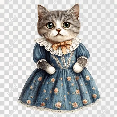 Adult cat in a dress. Illustration for children's book on white background