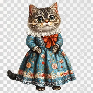Adult cat in a dress. Illustration for children's book on white background