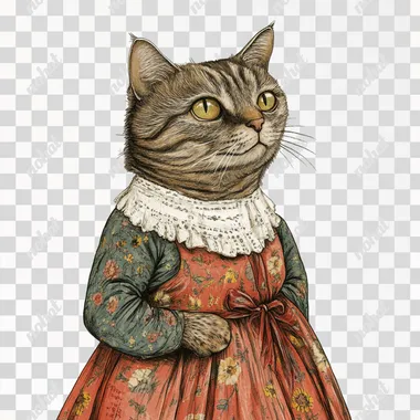 Adult cat in a dress. Illustration for children's book on white background