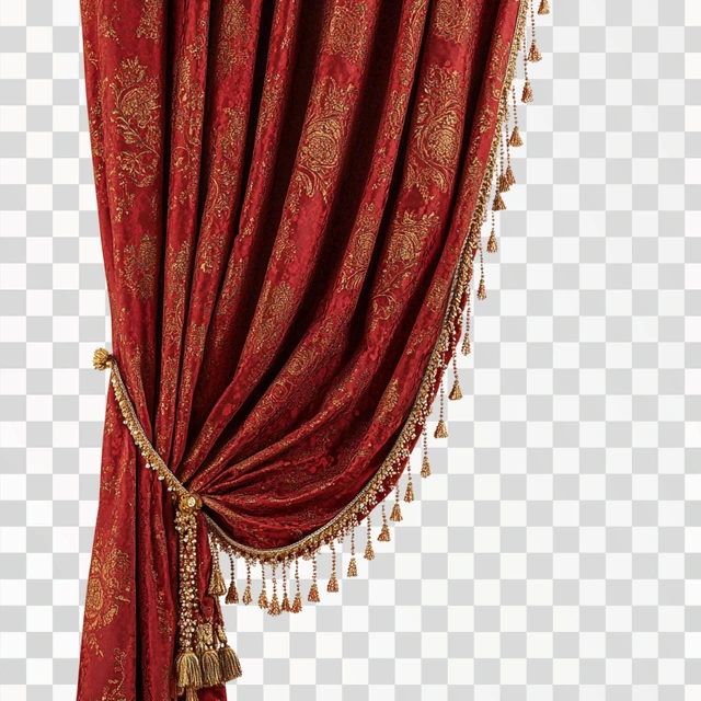 a swagged red damask curtain pulled to the left side with be