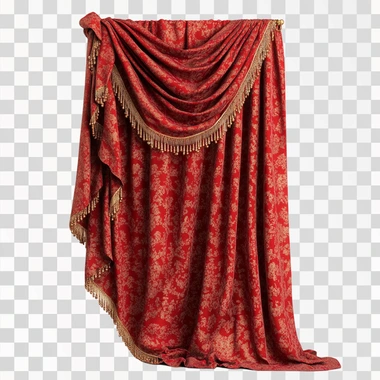 a swagged red damask curtain pulled to the left side with beaded trim against a white background, 8' tall