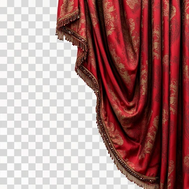 a swagged red damask curtain pulled to the left side with beaded trim against a white background, 8' tall