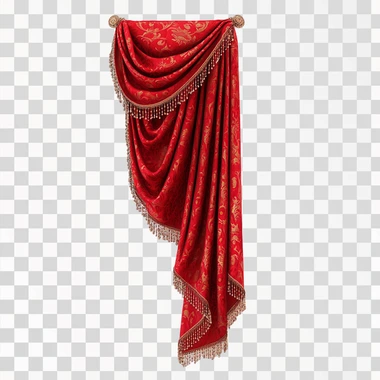 a swagged red damask curtain pulled to the left side with beaded trim against a white background, 8' tall