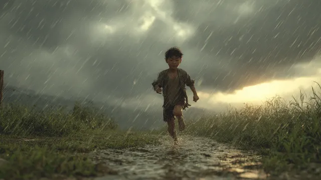 Resilient Boy Running in the Rain at Dawn