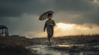 A determined Asian boy running in the rain on a muddy path, with no umbrella, wearing tattered clothes. Raindrops hitting his face, but a faint sunrise breaks through the stormy clouds in the distance, casting light on his path. A symbol of resilience, struggle, and hope, photorealistic style, full body shot, wide angle, high-resolution photography. 4K --raw