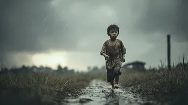 A determined Asian boy running in the rain on a muddy path, with no umbrella, wearing tattered clothes. Raindrops hitting his face, but a faint sunrise breaks through the stormy clouds in the distance, casting light on his path. A symbol of resilience, struggle, and hope, photorealistic style, full body shot, wide angle, high-resolution photography. 4K --raw