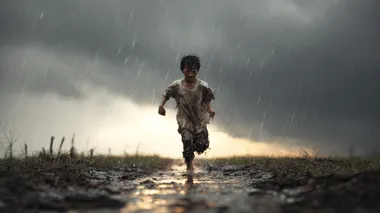 A determined Asian boy running in the rain on a muddy path, with no umbrella, wearing tattered clothes. Raindrops hitting his face, but a faint sunrise breaks through the stormy clouds in the distance, casting light on his path. A symbol of resilience, struggle, and hope, photorealistic style, full body shot, wide angle, high-resolution photography. 4K --raw