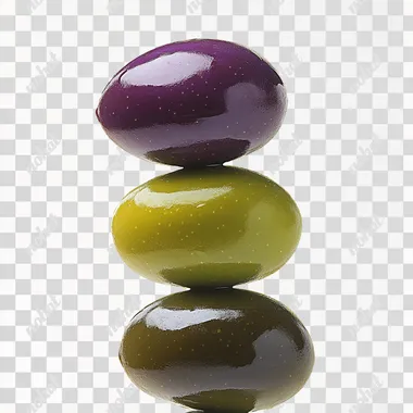 hyper realistic photography, three ultra detailed Maurino olives balancing one on top of the other. Olives have gradual color shift from green to purple, often creates a gradient effect on the olives, white background, NO oil