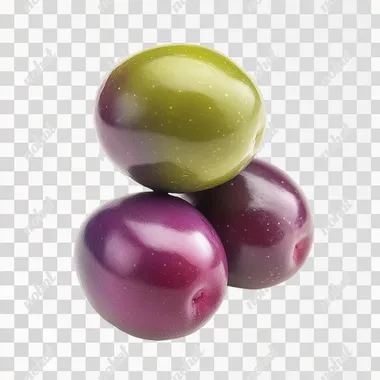 hyper realistic photography, three ultra detailed Maurino olives balancing one on top of the other. Olives have gradual color shift from green to purple, often creates a gradient effect on the olives, white background, NO oil