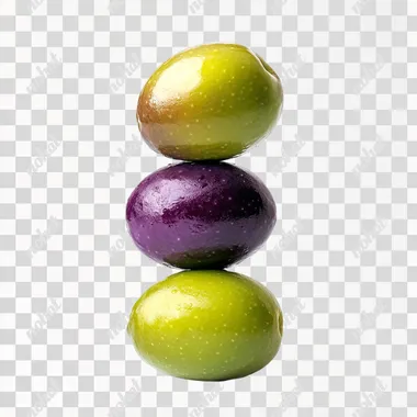 hyper realistic photography, three ultra detailed Maurino olives balancing one on top of the other. Olives have gradual color shift from green to purple, often creates a gradient effect on the olives, white background, NO oil