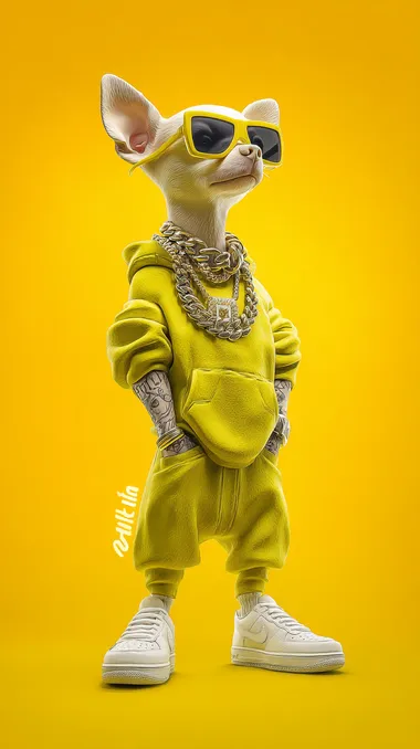 An anthropomorphized chihuahua with an urban hip-hop style, wearing dark sunglasses, thick gold chains around its neck, and tattoos on its arms. Its dressed in hip-hop fashion, with standout chartreuse-colored clothing, including a chartreuse hoodie or jacket and matching pants. The dog is wearing white sneakers and confidently posing with its hands in its pockets, showing a relaxed attitude. The background is a solid, bright chartreuse color. The scene is high quality, with a detailed focus on the dog and the environment. bright colors