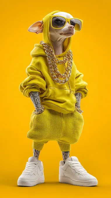 An anthropomorphized chihuahua with an urban hip-hop style, wearing dark sunglasses, thick gold chains around its neck, and tattoos on its arms. Its dressed in hip-hop fashion, with standout chartreuse-colored clothing, including a chartreuse hoodie or jacket and matching pants. The dog is wearing white sneakers and confidently posing with its hands in its pockets, showing a relaxed attitude. The background is a solid, bright chartreuse color. The scene is high quality, with a detailed focus on the dog and the environment. bright colors