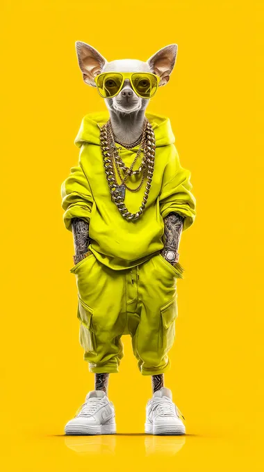 An anthropomorphized chihuahua with an urban hip-hop style, wearing dark sunglasses, thick gold chains around its neck, and tattoos on its arms. Its dressed in hip-hop fashion, with standout chartreuse-colored clothing, including a chartreuse hoodie or jacket and matching pants. The dog is wearing white sneakers and confidently posing with its hands in its pockets, showing a relaxed attitude. The background is a solid, bright chartreuse color. The scene is high quality, with a detailed focus on the dog and the environment. bright colors