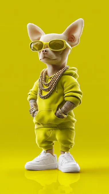 An anthropomorphized chihuahua with an urban hip-hop style, wearing dark sunglasses, thick gold chains around its neck, and tattoos on its arms. Its dressed in hip-hop fashion, with standout chartreuse-colored clothing, including a chartreuse hoodie or jacket and matching pants. The dog is wearing white sneakers and confidently posing with its hands in its pockets, showing a relaxed attitude. The background is a solid, bright chartreuse color. The scene is high quality, with a detailed focus on the dog and the environment. bright colors