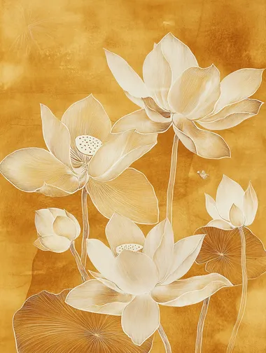 lotus flowers-yellow-brown background, fine lines, etching effect