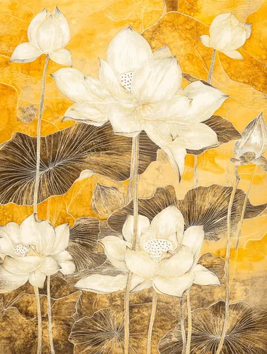 lotus flowers-yellow-brown background, fine lines, etching effect