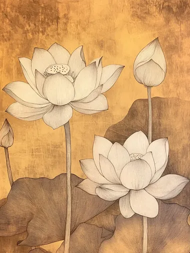 lotus flowers-yellow-brown background, fine lines, etching effect