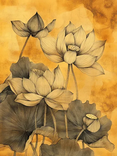 lotus flowers-yellow-brown background, fine lines, etching effect