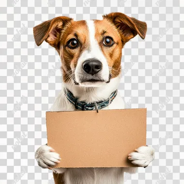 a dog wearing sandwich board with totally white background