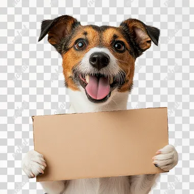 a dog wearing sandwich board with totally white background