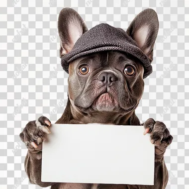 a dog wearing sandwich board with totally white background