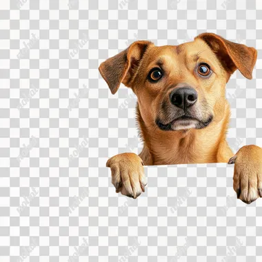 a dog wearing sandwich board with totally white background