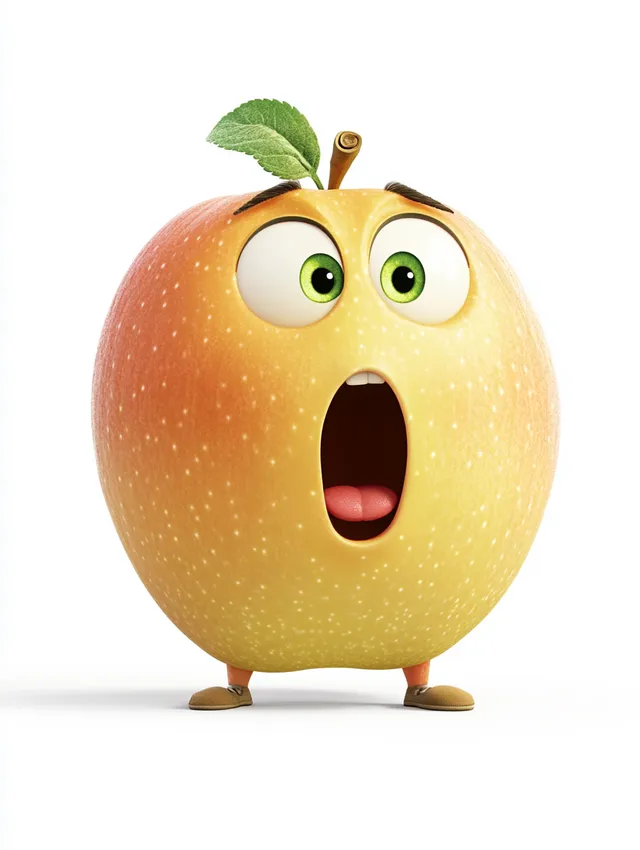 Surprised apple with a round belly in Pixar style on white background