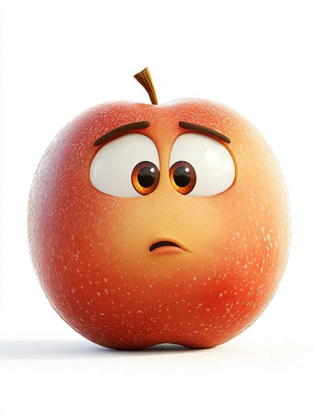 Red apple with a frown and round belly, Pixar style, on white background