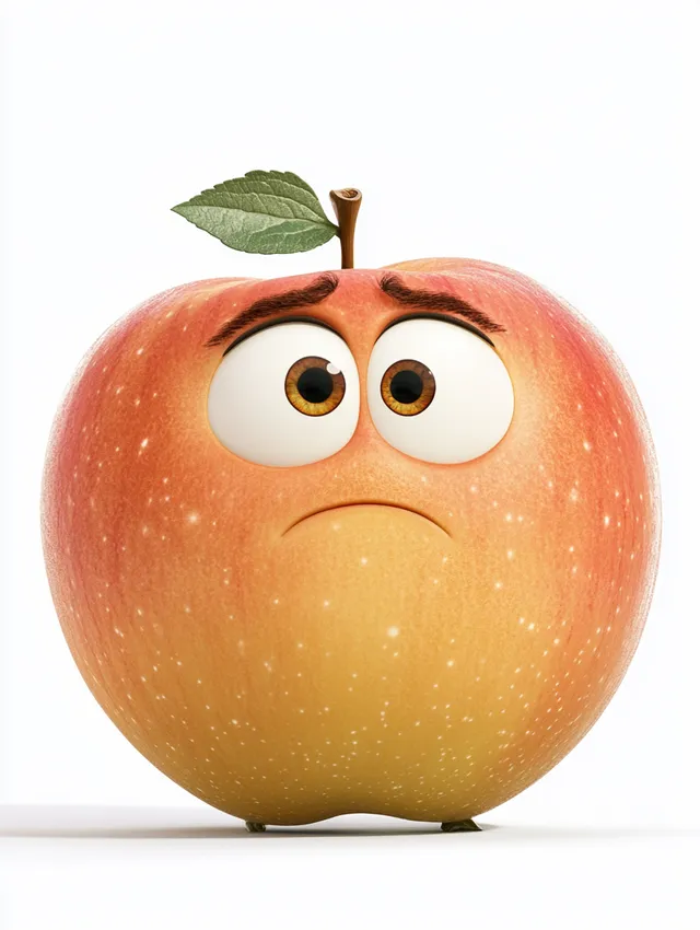 Pixar-style apple with eyes and round belly on white background