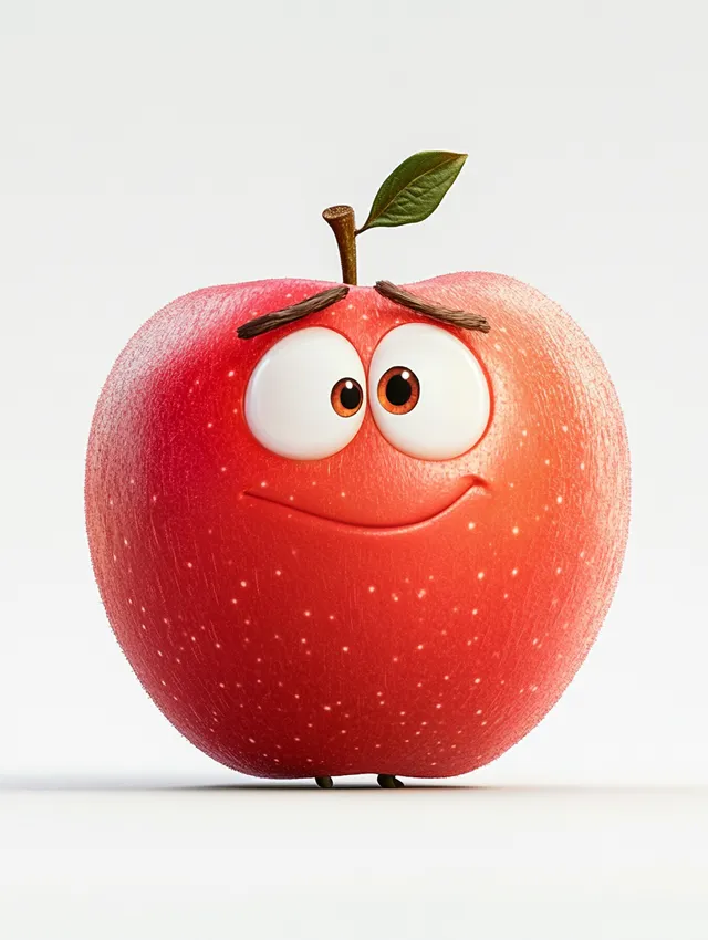 Pixar-style apple with eyes and round belly on white background
