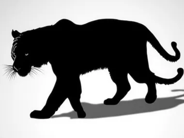 a vector graphic of a tiger silhouette from a side on view. the tiger is in a creeping position as if hunting , isolated on a white background