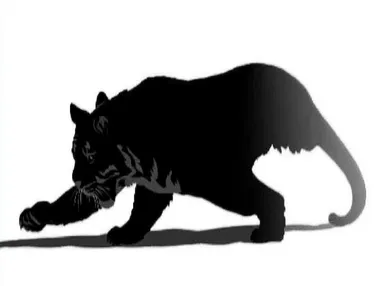 a vector graphic of a tiger silhouette from a side on view. the tiger is in a creeping position as if hunting , isolated on a white background