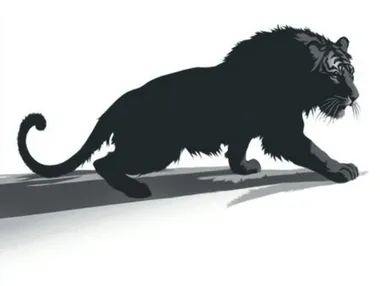 a vector graphic of a tiger silhouette from a side on view. the tiger is in a creeping position as if hunting , isolated on a white background